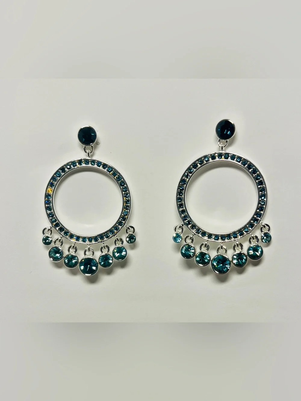 Silver Hoop Drop Earrings with Teal Blue Crystal Accents